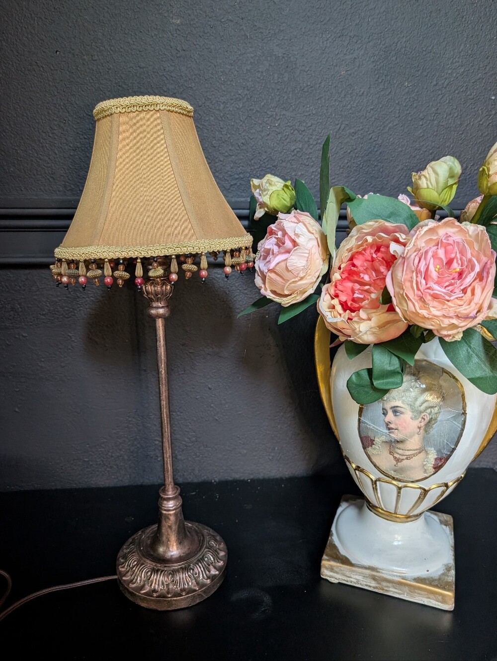 Vintage Petite Hollywood Regency Boudoir Lamp, Rose Gold Ornate base, Bead Shad